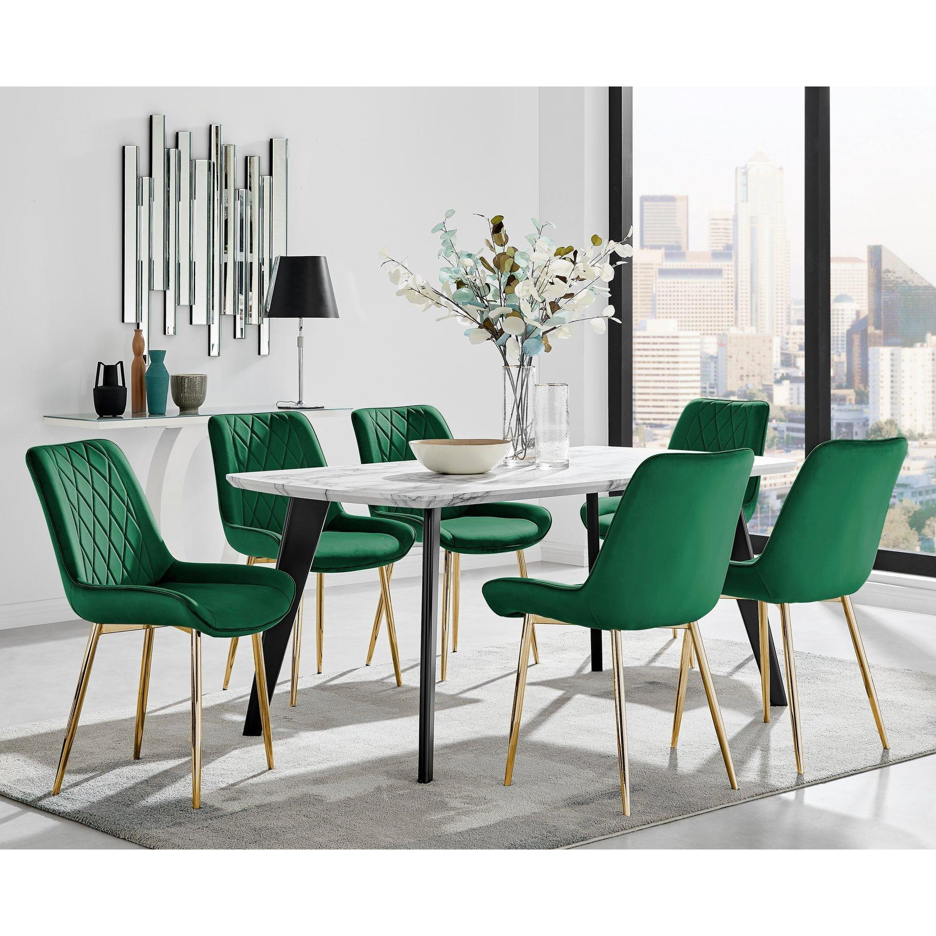 Andria Marble Effect Dining Table With Black Legs & 6 Pesaro Velvet Gold Leg Chairs - image 1