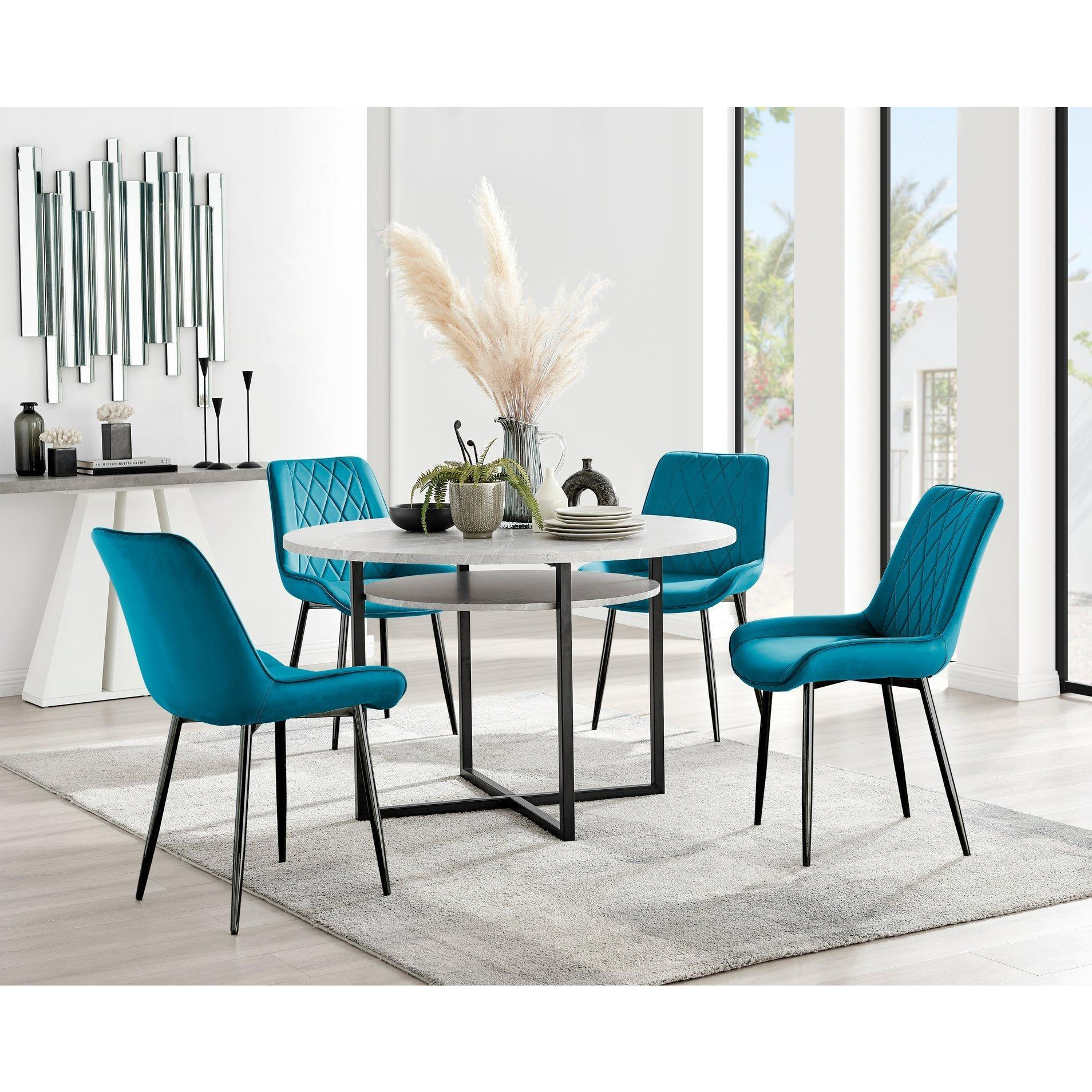 Adley Grey Concrete Effect And Black Round Dining Table with  Shelf and 4 Velvet Pesaro Dining Chairs - image 1
