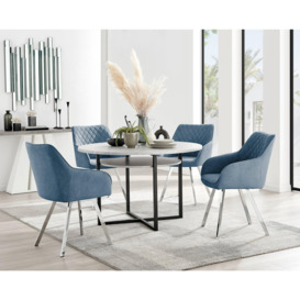 Adley Grey Concrete Effect Round Dining Table & 4 Falun Silver Leg Fabric Chairs