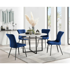 Adley Grey Concrete Effect Round Dining Table & 4 Nora Black Leg Velvet Chairs