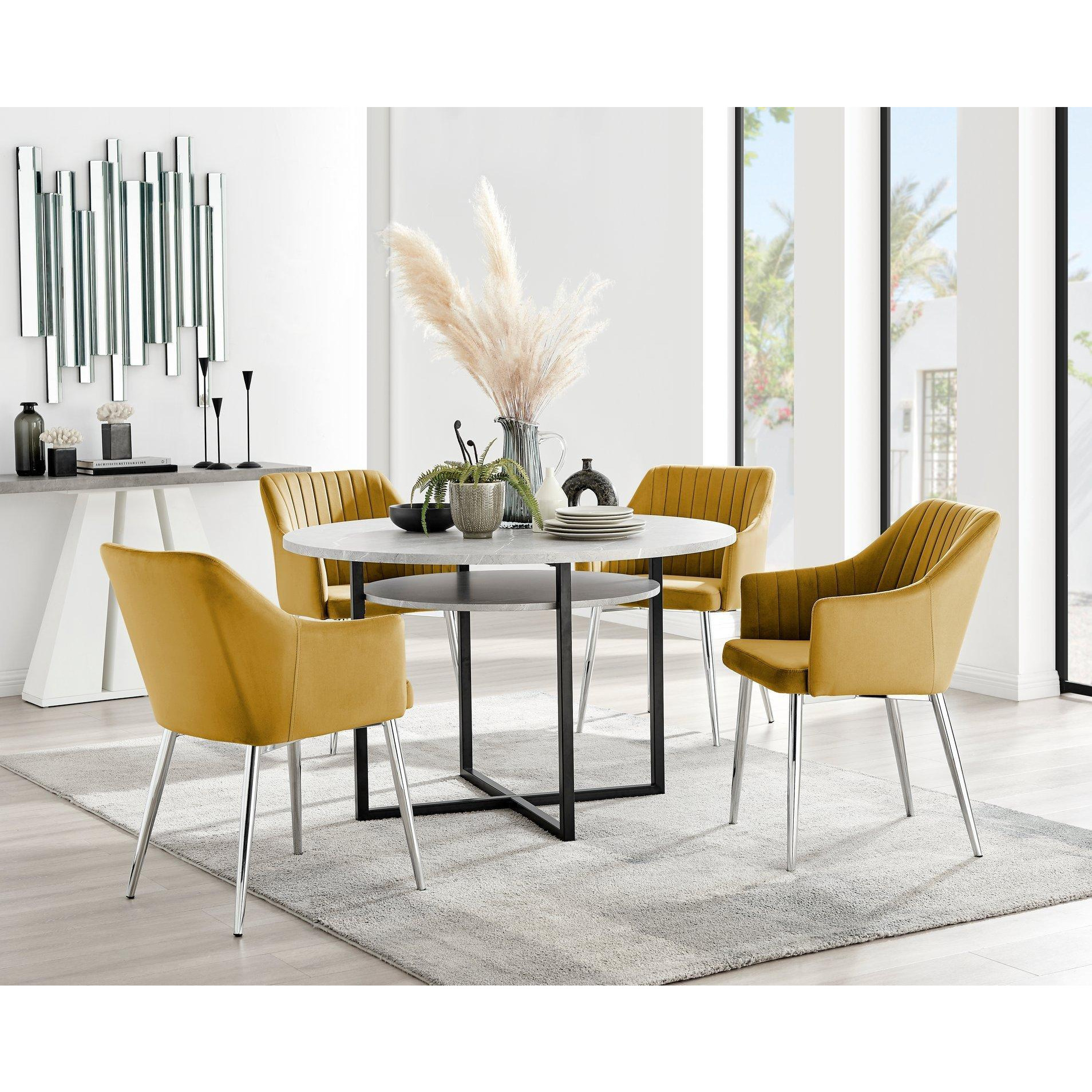 Adley Grey Concrete Effect Round Dining Table & 4 Calla Silver Leg Velvet Chairs - image 1