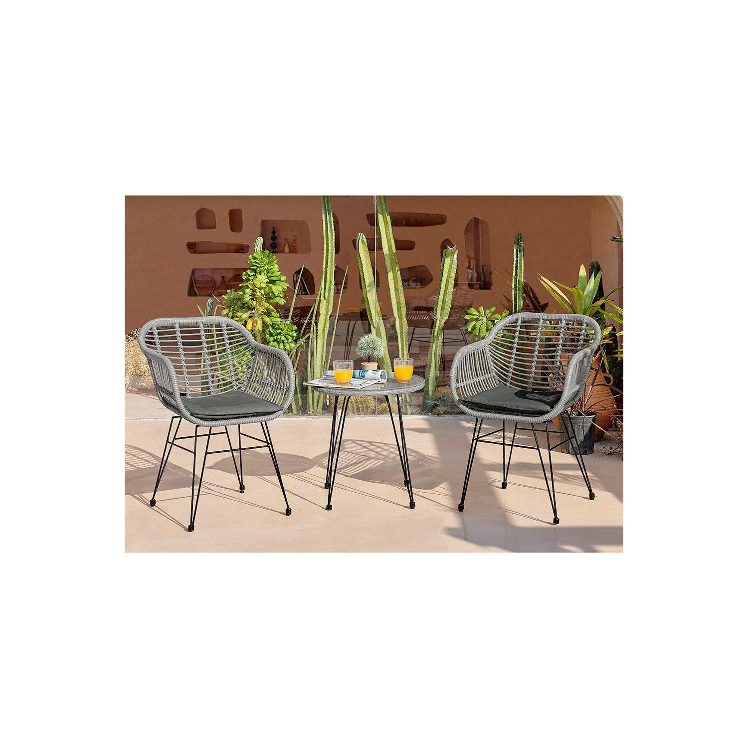 Belize Wicker Style PE Rattan 2 Seat Outdoor Garden Bistro Table & Chairs Set, black metal hairpin legs - image 1