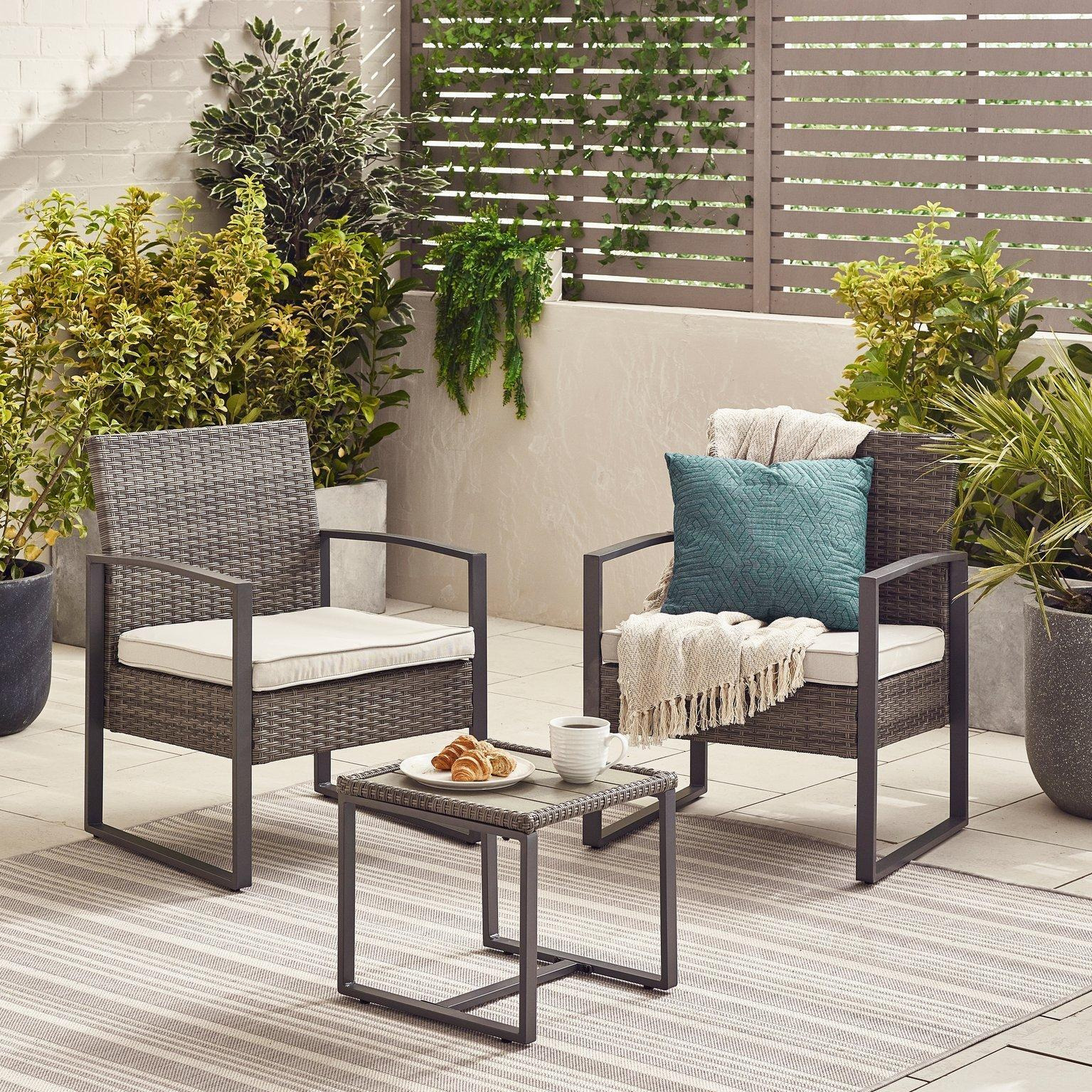 Algarve Grey PE Rattan 2 Seat Outdoor Garden Bistro Set, 2 Chairs, Square Coffee Table, Modern Industrial Style - image 1