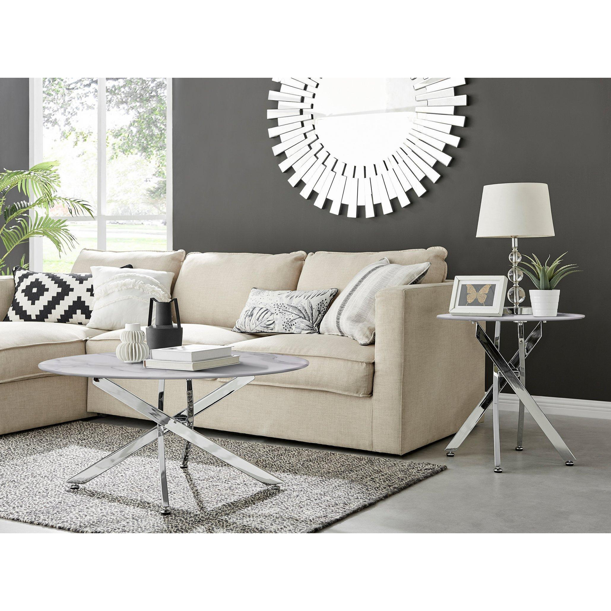 Novara Round Marble Effect Glass Top Coffee Table With Silver Metal Starburst Legs - image 1