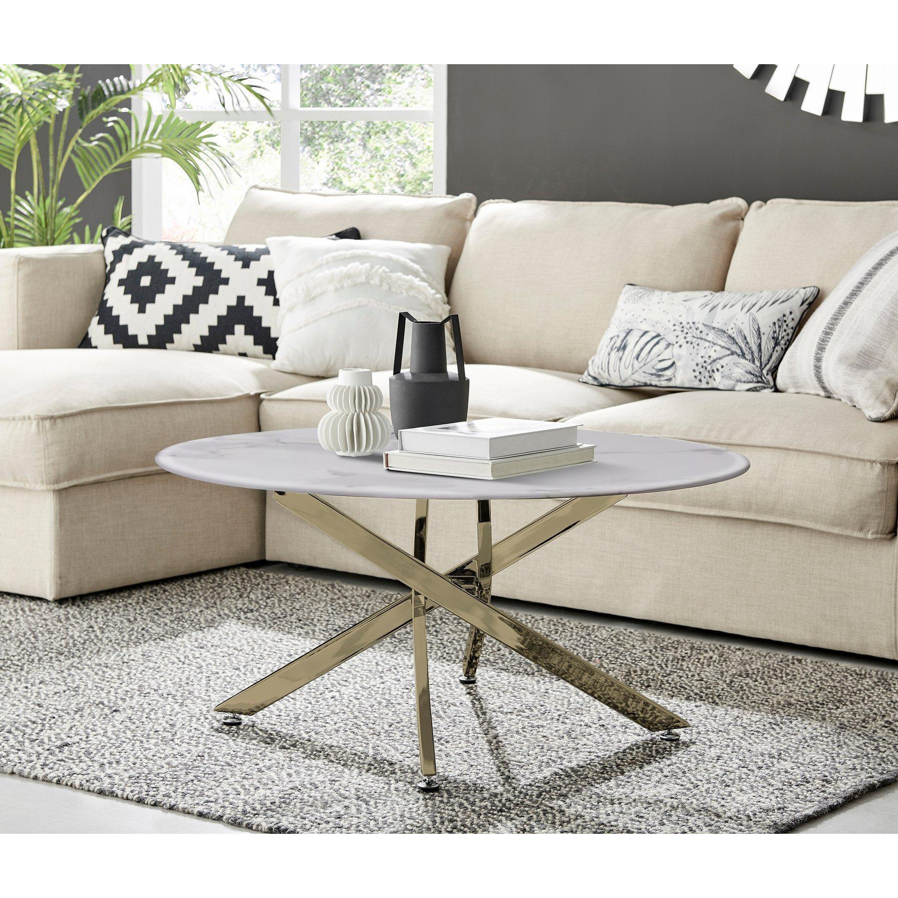 Novara Round Marble Effect Glass Top Coffee Table With Gold Metal Starburst Legs - image 1