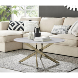 Novara Round Marble Effect Glass Top Coffee Table With Gold Metal Starburst Legs - thumbnail 2