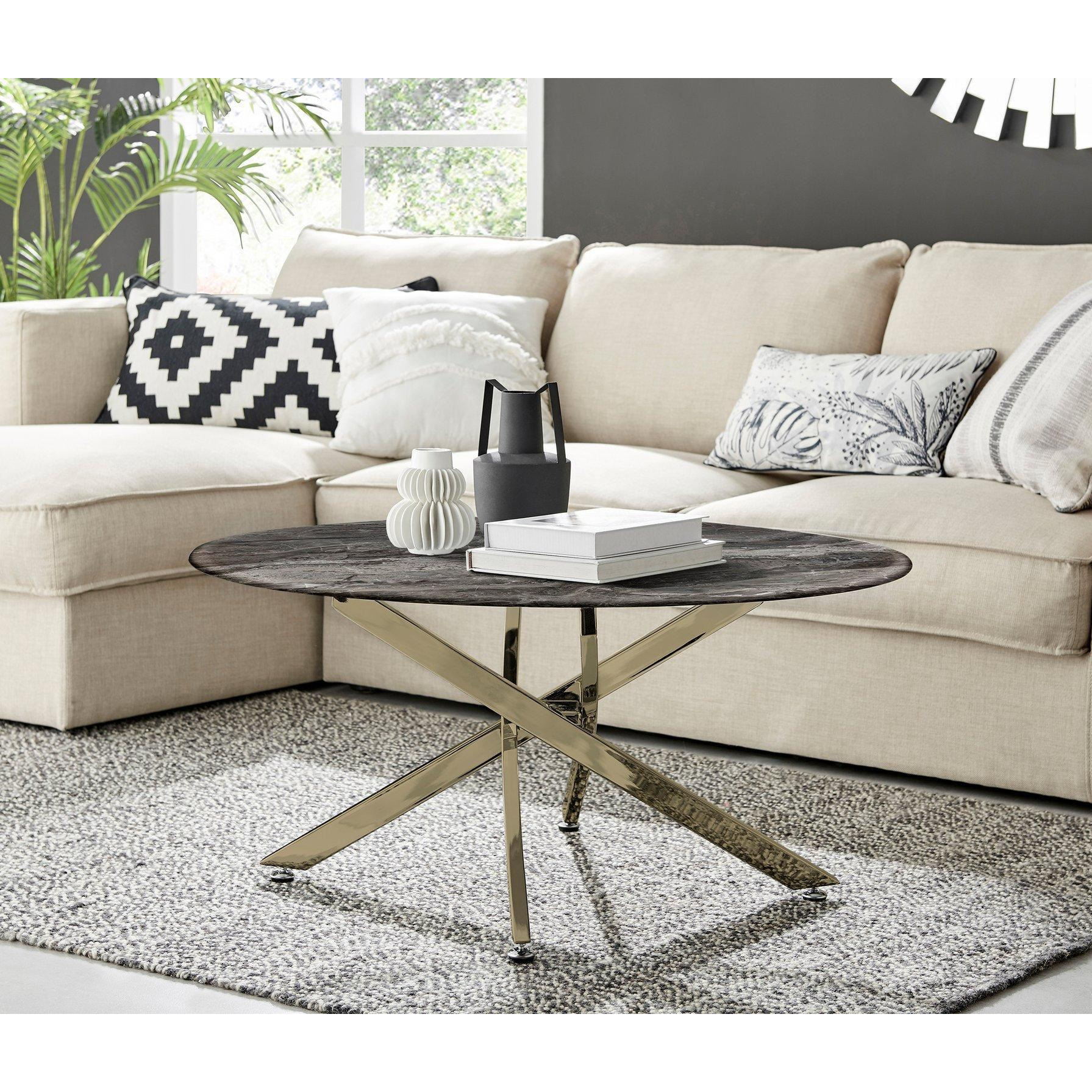 Novara Round Marble Effect Glass Top Coffee Table With Gold Metal Starburst Legs - image 1