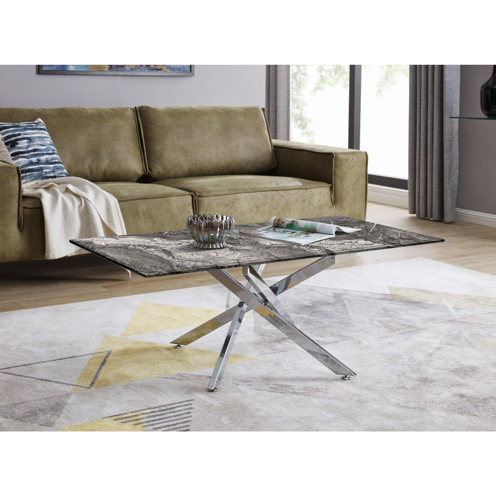 Leonardo Rectangular Marble Effect Glass Top Coffee Table With Silver Metal Starburst Legs - image 1