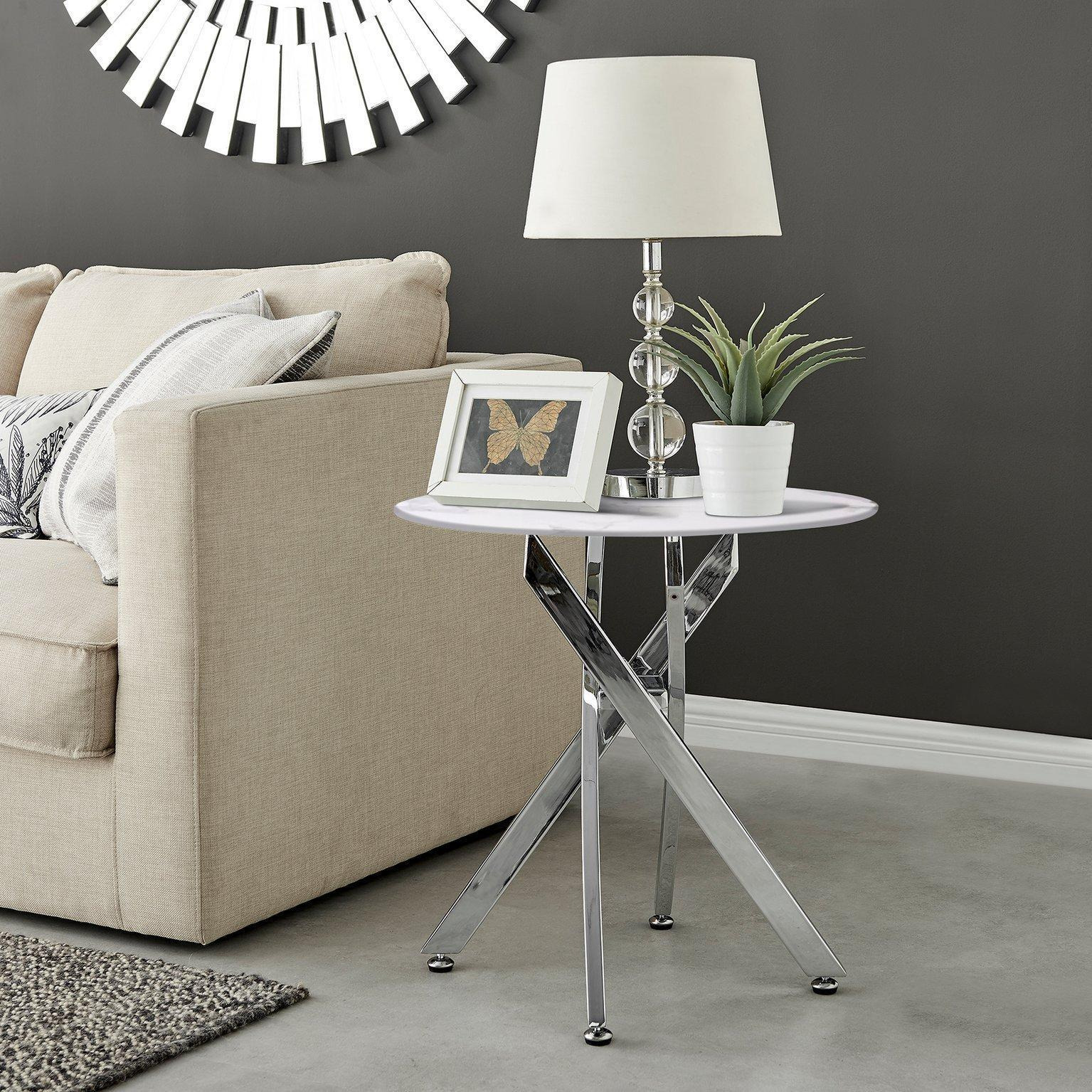 Novara Round Marble Effect Glass Top Side Table With Silver Metal Starburst Legs - image 1