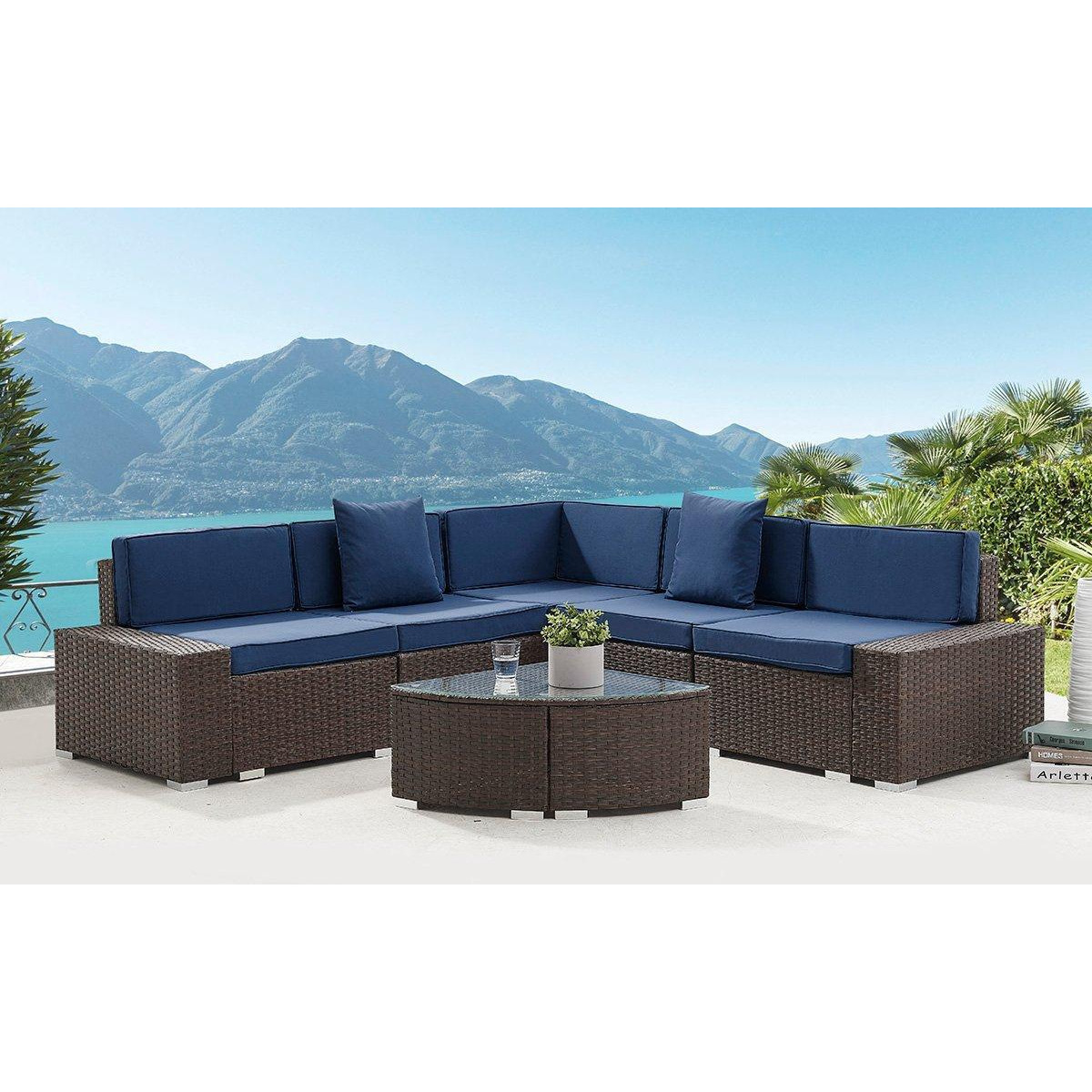 Mijas Corner Corner Rattan Garden Furniture Sofa Set Quarter Circle Glass Topped Table Navy Blue Cushions - image 1