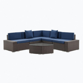 Mijas Corner Corner Rattan Garden Furniture Sofa Set Quarter Circle Glass Topped Table Navy Blue Cushions - thumbnail 3