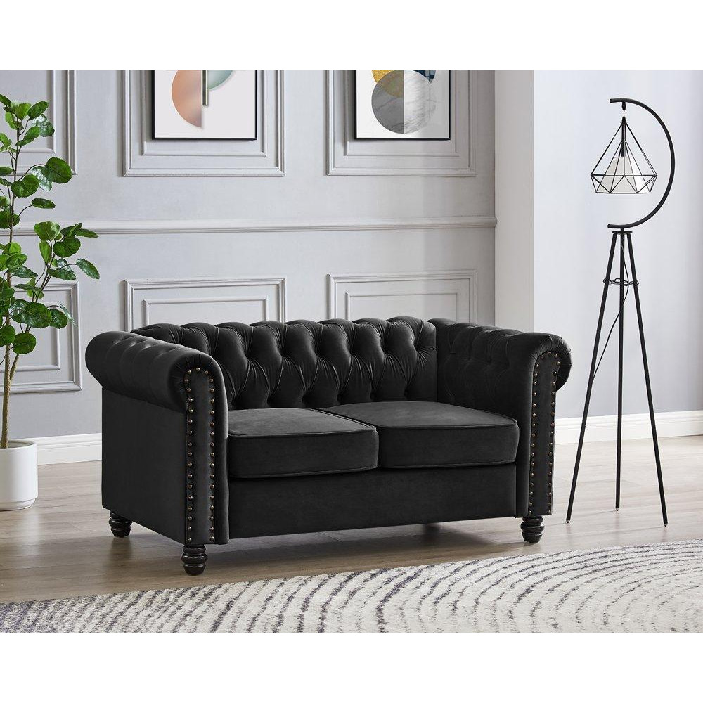 Chesterfield Velvet Fabric 2 Seater Sofa, Black - image 1