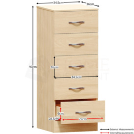 Vida Designs Riano 5 Drawer Narrow Chest Storage Bedroom Furniture - thumbnail 2