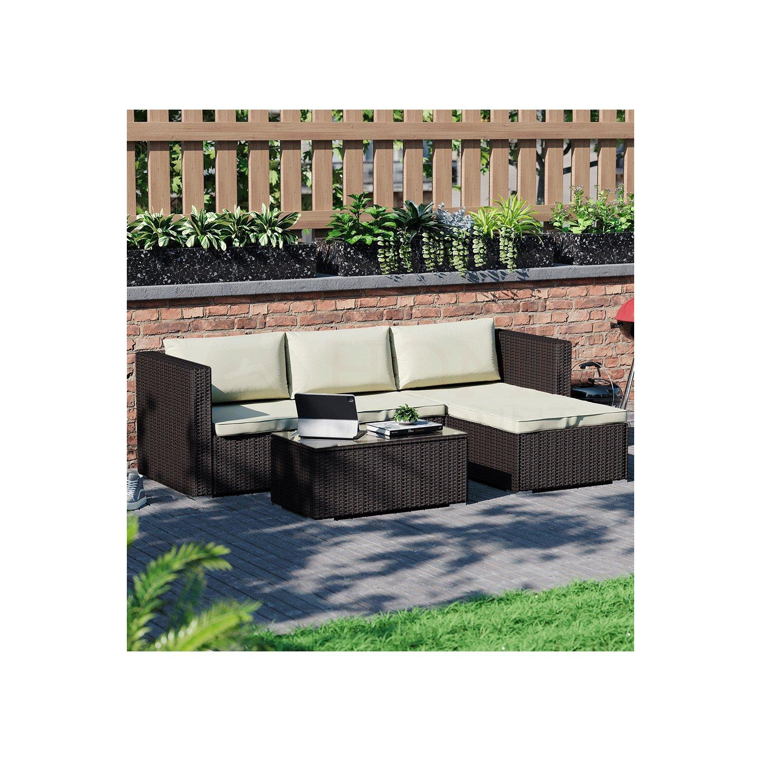 5 Pc and Cover - Garden Vida Hampton 4 Seater Corner Rattan Set & Outdoor Patio Furniture Cover - image 1