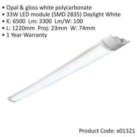 4ft IP65 Flush Batten Light - 18W Daylight White LED - Opal & Gloss White Pc - thumbnail 2