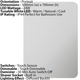 500 x 700mm IP44 Backlit Bathroom Mirror - Demister & Shaver Socket Tunable LED - thumbnail 2