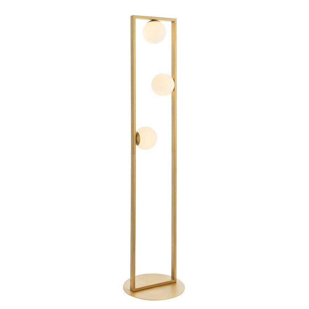 1410mm Brushed Gold Geometric 3 Light Floor Lamp & Glass Opal Sphere Shades - image 1