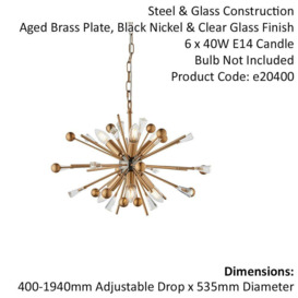 Aged Brass & Black Nickel Ceiling Pendant Light - Clear Crystals - 6 Bulb Lamp - thumbnail 2