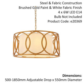 Brushed Gold Multi Arm Ceiling Pendant Light - White Fabric Shade - Dimmable - thumbnail 2