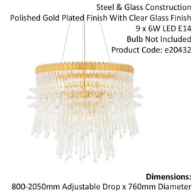 Gold Plated Ceiling Chandelier - Glass Detailing - 9 Bulb Pendant Light Fitting - thumbnail 2