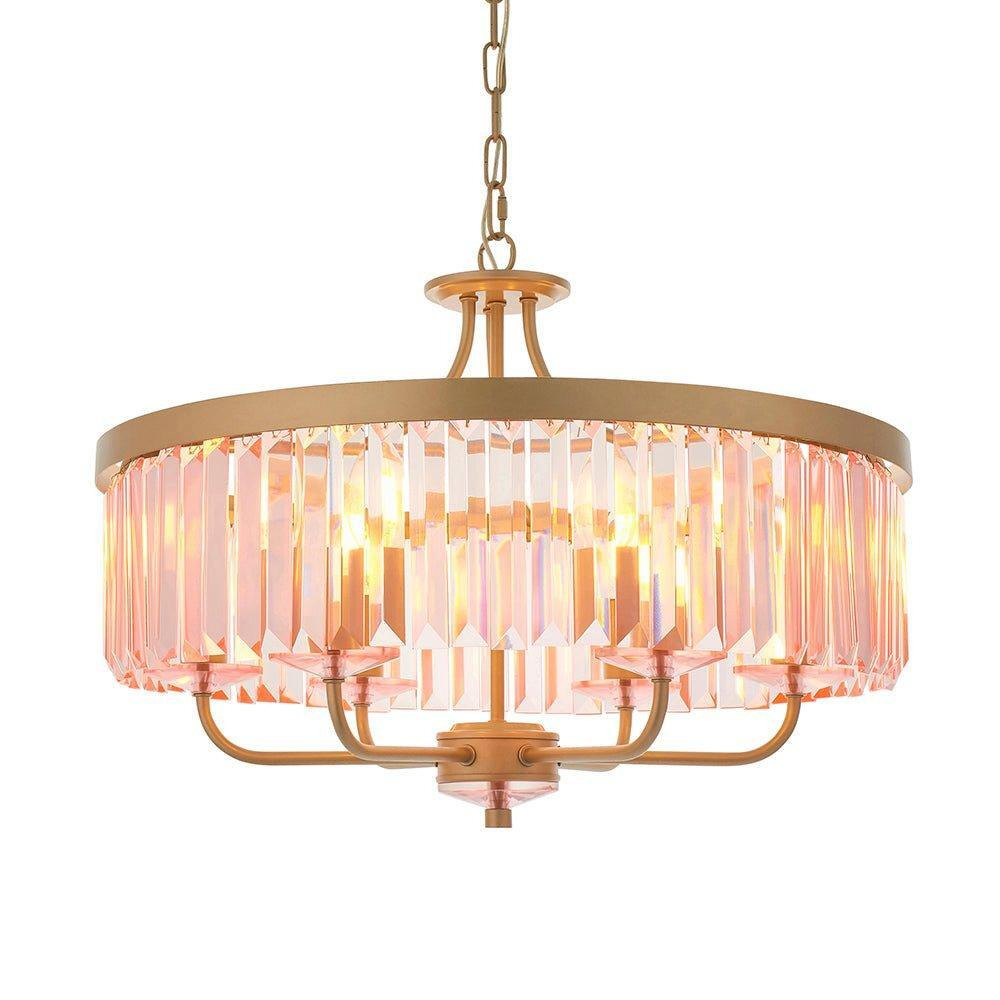 Multi Arm Ceiling Pendant Light Fitting - Champagne & Rose Pink Glass Chandelier - image 1