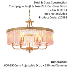 Multi Arm Ceiling Pendant Light Fitting - Champagne & Rose Pink Glass Chandelier - thumbnail 2