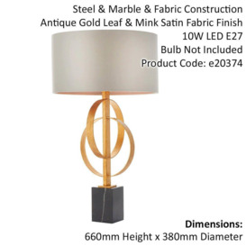Antique Gold Table Lamp & Mink Satin Shade - Black Marble Base Desk Light - thumbnail 2