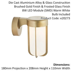 Brushed Gold Outdoor Wall Light & Frosted Glass Shade IP44 Rated 8W LED Module - thumbnail 2