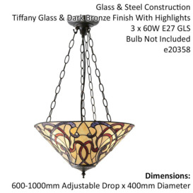 Red & Cream Art Nouveau Tiffany Glass Ceiling Pendant Light - Dark Bronze Finish - thumbnail 2