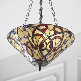 Red & Cream Art Nouveau Tiffany Glass Ceiling Pendant Light - Dark Bronze Finish - thumbnail 3