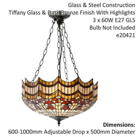Traditional Tiffany Glass 3 Light Ceiling Pendant - Dark Bronze Effect Fitting - thumbnail 2