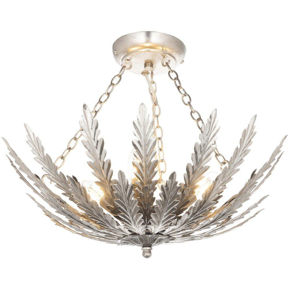 Ornate Silver Flush Ceiling Light Decorative Leaf Design Dimmable 3 Bulb Pendant - image 1