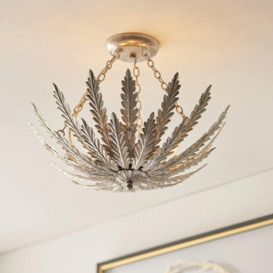 Ornate Silver Flush Ceiling Light Decorative Leaf Design Dimmable 3 Bulb Pendant - thumbnail 3