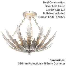 Ornate Silver Flush Ceiling Light Decorative Leaf Design Dimmable 3 Bulb Pendant - thumbnail 2