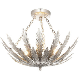Ornate Silver Flush Ceiling Light Decorative Leaf Design Dimmable 3 Bulb Pendant - thumbnail 1