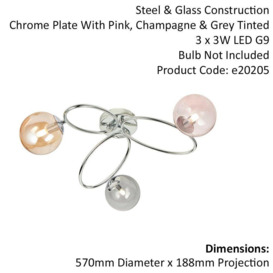 Semi Flush Multi Arm Ceiling Light - Chrome Plated - Pink Grey & Champagne Glass - thumbnail 2