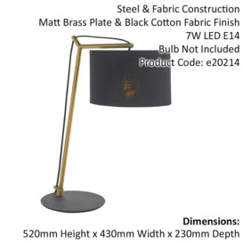 2 PACK Brass Plated Angular Table Lamp - Black Base & Cotton Shade - Desk Light - thumbnail 2