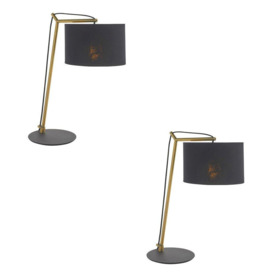 2 PACK Brass Plated Angular Table Lamp - Black Base & Cotton Shade - Desk Light - thumbnail 1