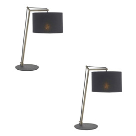 2 PACK Nickel Plated Angular Table Lamp - Black Base & Cotton Shade - Desk Light - thumbnail 1