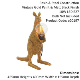 2 PACK Vintage Gold Kangaroo Table Light - Resin Figure - Matt Black Lamp Holder - thumbnail 2