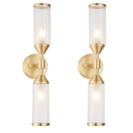 2 PACK Satin Brass Twin Wall Light & Ribbed Glass Shades Frosted Glass Defusers