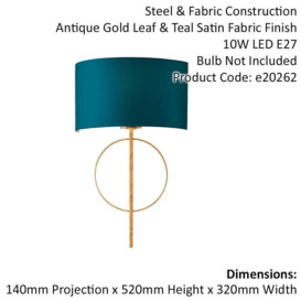 2 PACK Antique Gold Leaf Wall Light & Teal Satin Shade Dimmable Filament Lamp - thumbnail 2