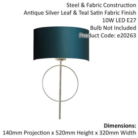 2 PACK Antique Silver Leaf Wall Light & Teal Satin Shade Dimmable Filament Lamp - thumbnail 2