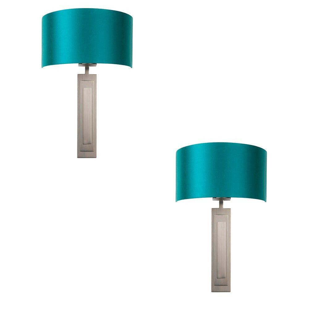 2 PACK Brushed Bronze Plated Wall Light & Teal Satin Half Shade - 1 Bulb Lamp - image 1