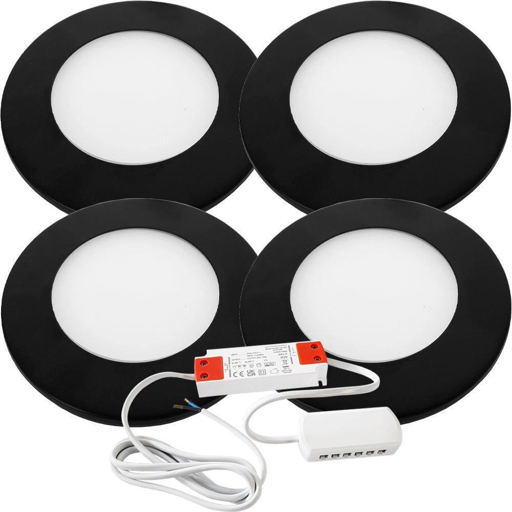 4x MATT BLACK Ultra-Slim Round Under Cabinet Kitchen Light & Driver Kit - Natural White Diffused LED - image 1