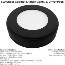2x MATT BLACK Round Surface or Flush Under Cabinet Kitchen Light & Driver Kit - Natural White LED - thumbnail 1
