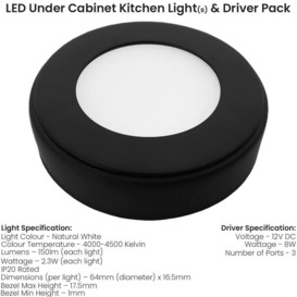 3x MATT BLACK Round Surface or Flush Under Cabinet Kitchen Light & Driver Kit - Natural White LED