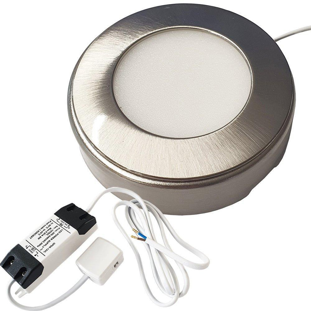 1x BRUSHED NICKEL Round Surface or Flush Under Cabinet Kitchen Light & Driver Kit - Natural White LED - image 1