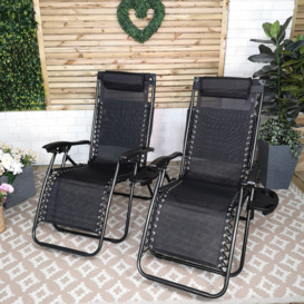Set of 2 Multi Position Garden Gravity Relaxer Chair Sun Lounger with Sun Canopy in Black - thumbnail 1