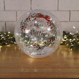 20cm Battery Operated Warm White LED Crackle Effect Ball Christmas Decoration with Merry Christmas